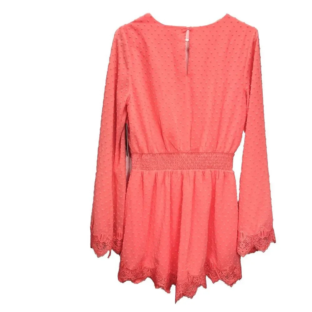 NWT Lulus Meadowlake Coral Orange Swiss Dot Lace Bell‎ Sleeve Romper Size SMALL